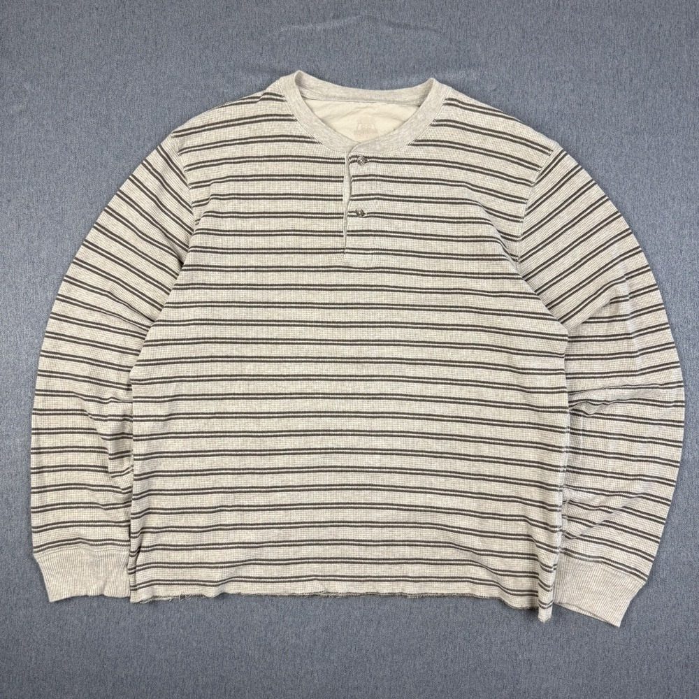 Route 66 Mens XL Brown Tan Striped Henley Long Sleeve Waffle Knit Shirt Y2K